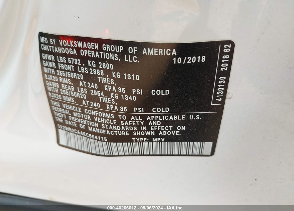 2019 VOLKSWAGEN ATLAS 3.6L V6 SE W/TECHNOLOGY VIN: 1V2WR2CA4KC504115