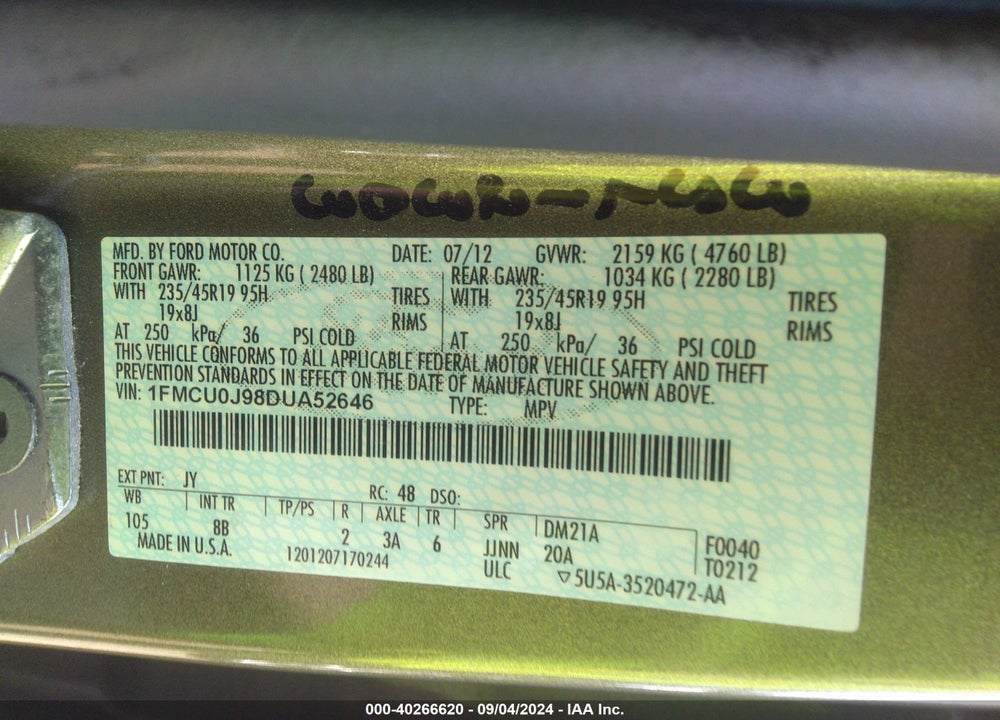 2013 FORD ESCAPE TITANIUM VIN: 1FMCU0J98DUA52646