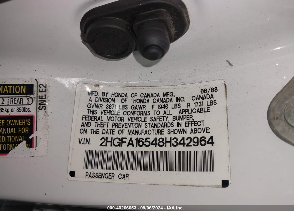 2008 HONDA CIVIC LX VIN: 2HGFA16548H342964