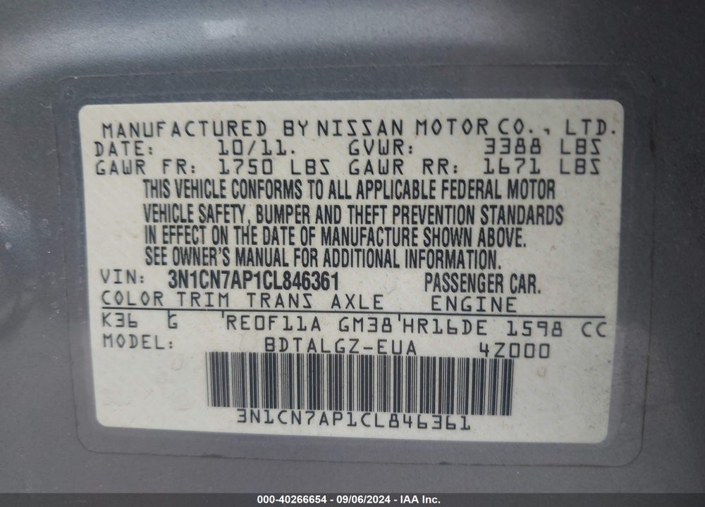 2012 NISSAN VERSA 1.6 SL VIN: 3N1CN7AP1CL846361
