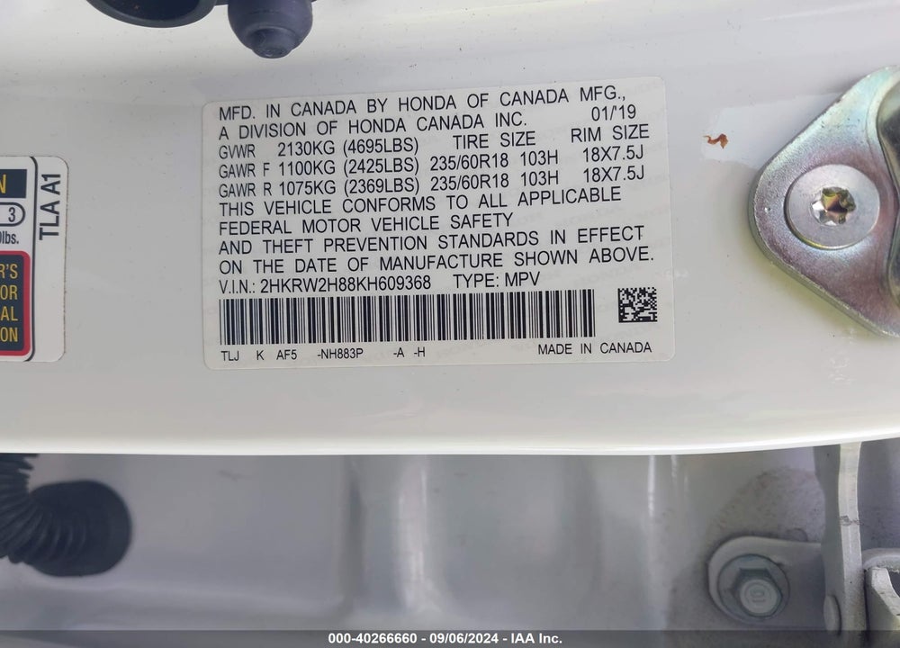 2019 HONDA CR-V EX-L VIN: 2HKRW2H88KH609368