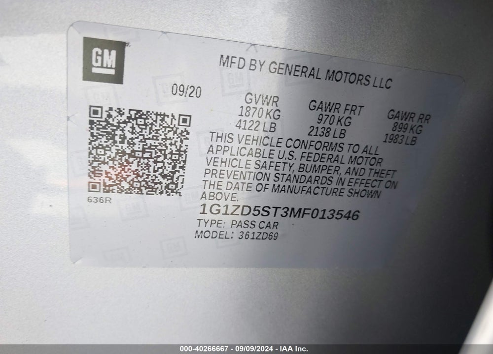2021 CHEVROLET MALIBU LT VIN: 1G1ZD5ST3MF013546