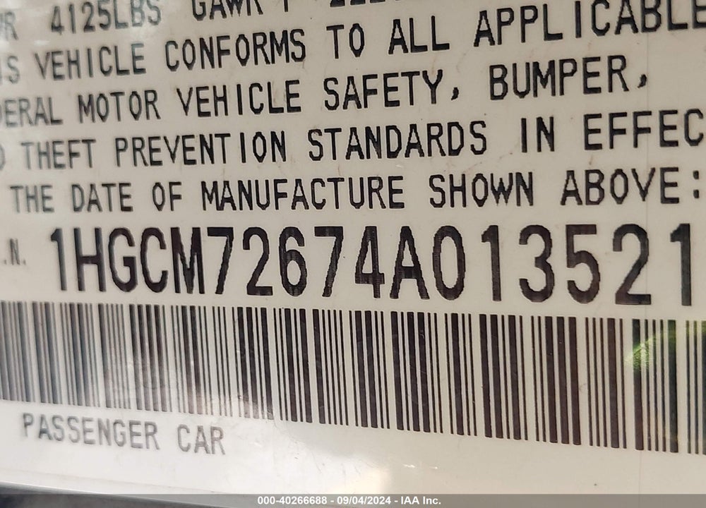 2004 HONDA ACCORD 2.4 EX VIN: 1HGCM72674A013521