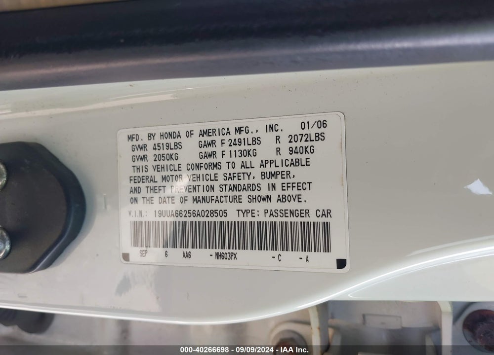 2006 ACURA TL VIN: 19UUA66256A028505