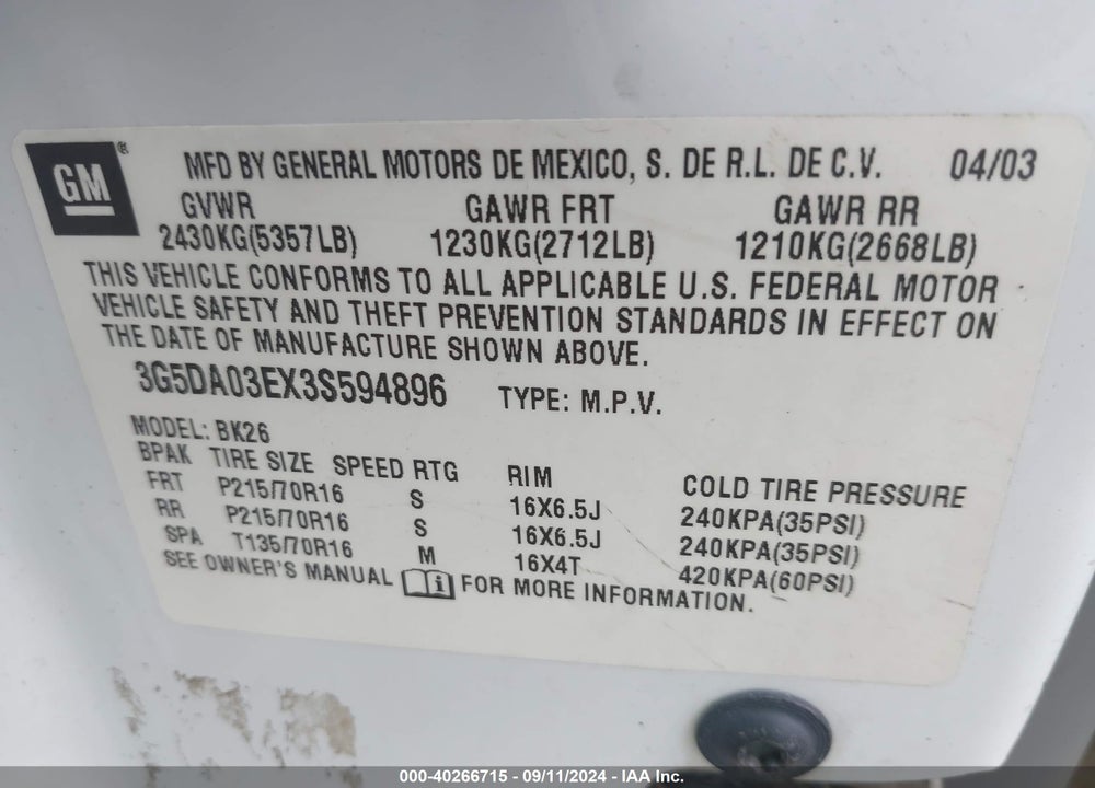 2003 BUICK RENDEZVOUS CX VIN: 3G5DA03EX3S594896