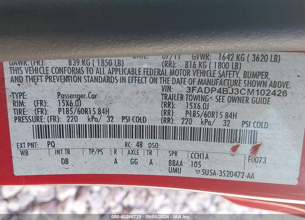 2012 FORD FIESTA SE VIN: 3FADP4BJ3CM102426