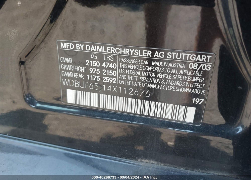 2004 MERCEDES-BENZ E 320 VIN: WDBUF65J14X112676