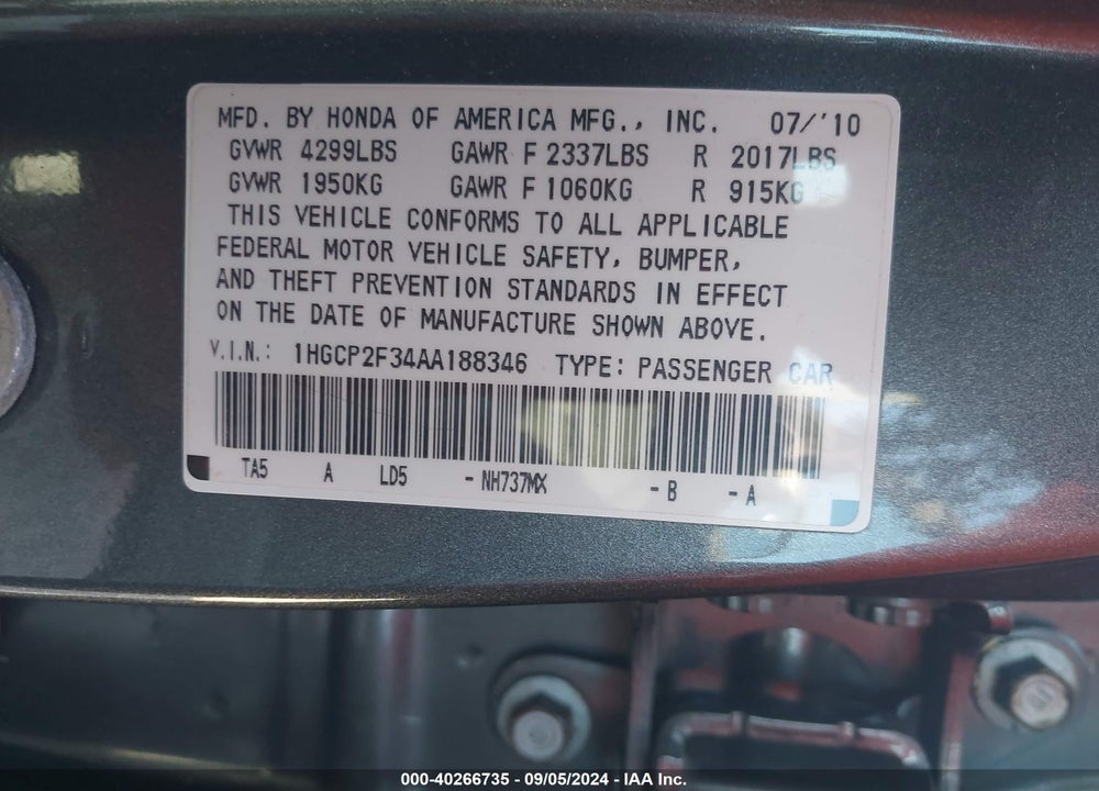 2010 HONDA ACCORD 2.4 LX VIN: 1HGCP2F34AA188346