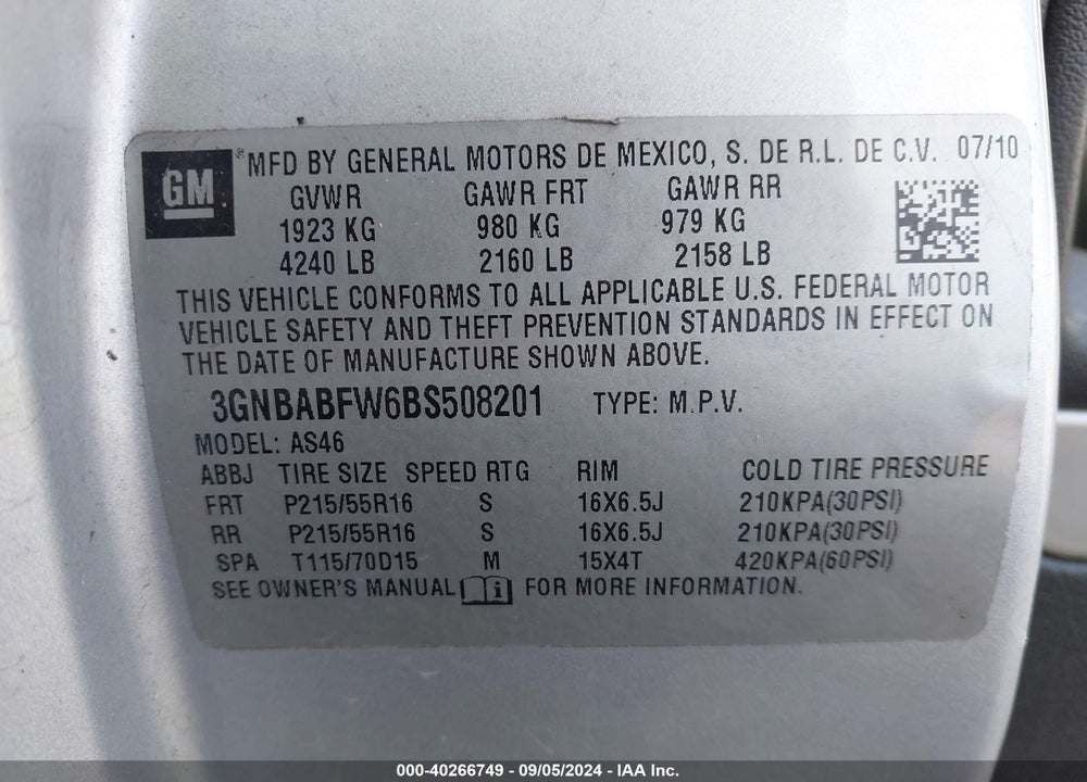 2011 CHEVROLET HHR LT VIN: 3GNBABFW6BS508201