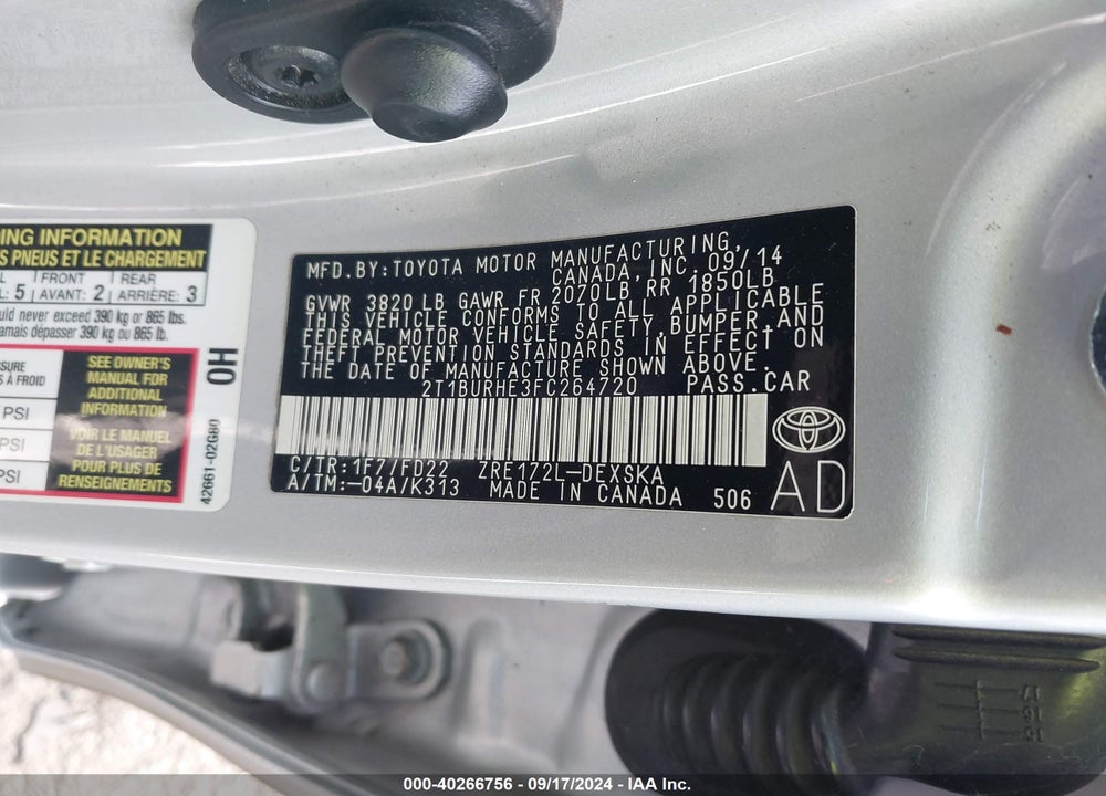 2015 TOYOTA COROLLA S PLUS VIN: 2T1BURHE3FC264720