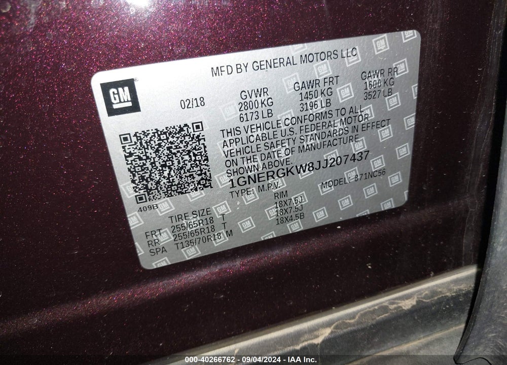 2018 CHEVROLET TRAVERSE 1LT VIN: 1GNERGKW8JJ207437