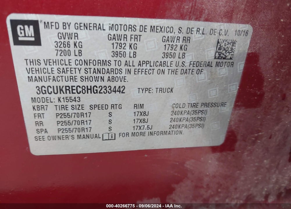 2017 CHEVROLET SILVERADO 1500 1LT VIN: 3GCUKREC8HG233442