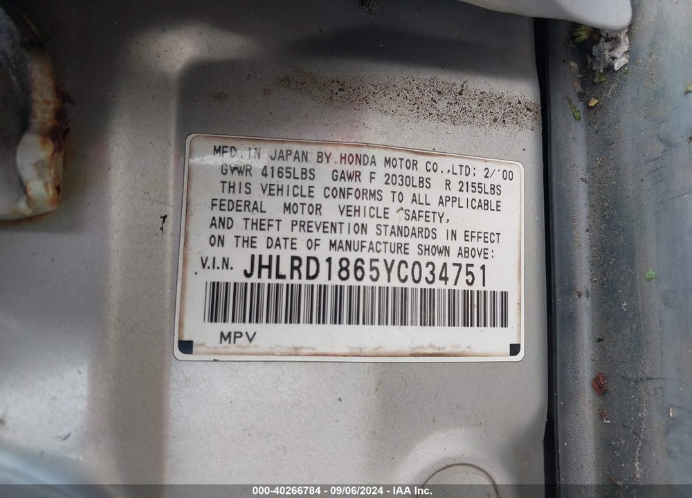 2000 HONDA CR-V VIN: JHLRD1865YC034751