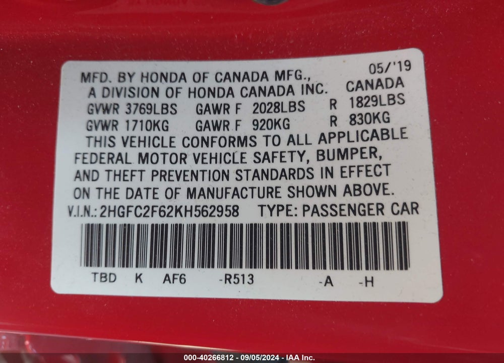 2019 HONDA CIVIC VIN: 2HGFC2F62KH562958
