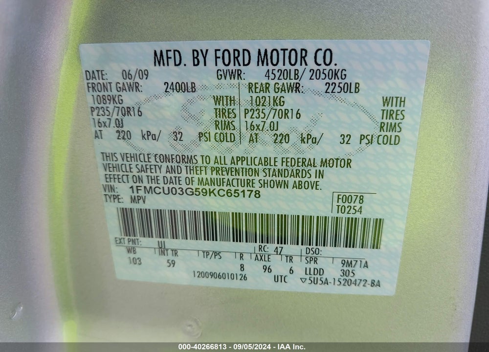 2009 FORD ESCAPE XLT VIN: 1FMCU03G59KC65178