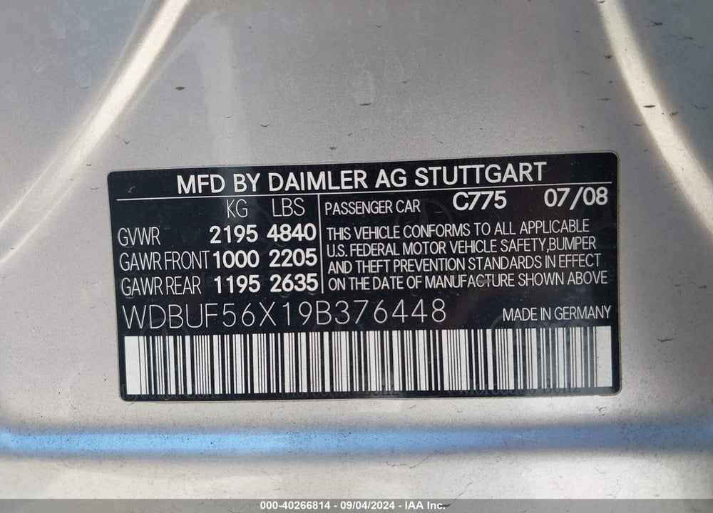 2009 MERCEDES-BENZ E 350 VIN: WDBUF56X19B376448