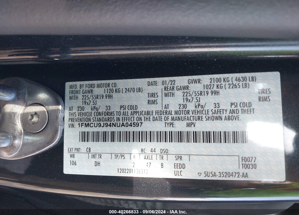 2022 FORD ESCAPE TITANIUM VIN: 1FMCU9J94NUA04597
