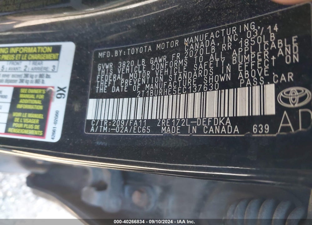 2014 TOYOTA COROLLA VIN: 2T1BURHE5EC137630