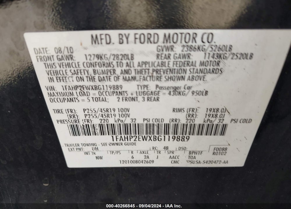 2011 FORD TAURUS SEL VIN: 1FAHP2EWXBG119889