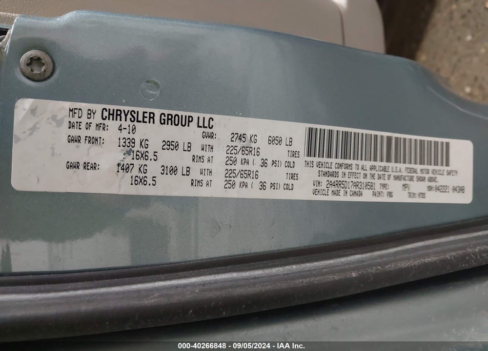 2010 CHRYSLER TOWN & COUNTRY TOURING VIN: 2A4RR5D17AR310581