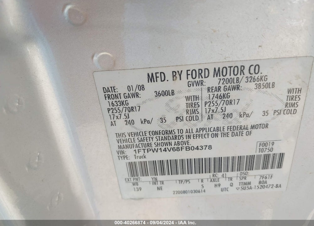 2008 FORD F-150 60TH ANNIVERSARY/FX4/KING RANCH/LARIAT/XLT VIN: 1FTPW14V68FB04378