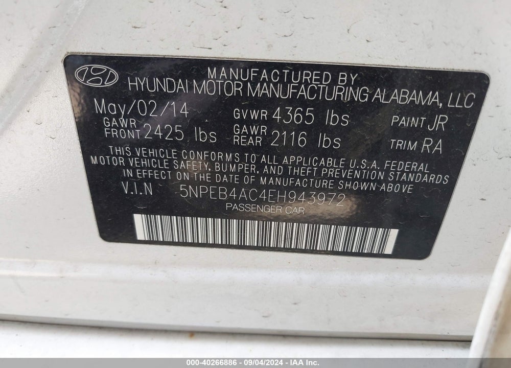 2014 HYUNDAI SONATA GLS VIN: 5NPEB4AC4EH943972