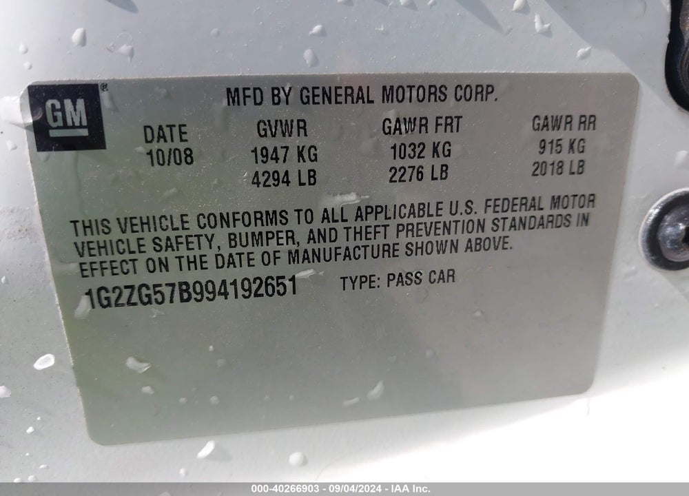 2009 PONTIAC G6 VIN: 1G2ZG57B994192651