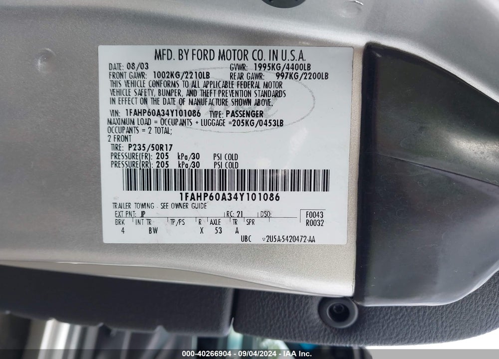 2004 FORD THUNDERBIRD VIN: 1FAHP60A34Y101086