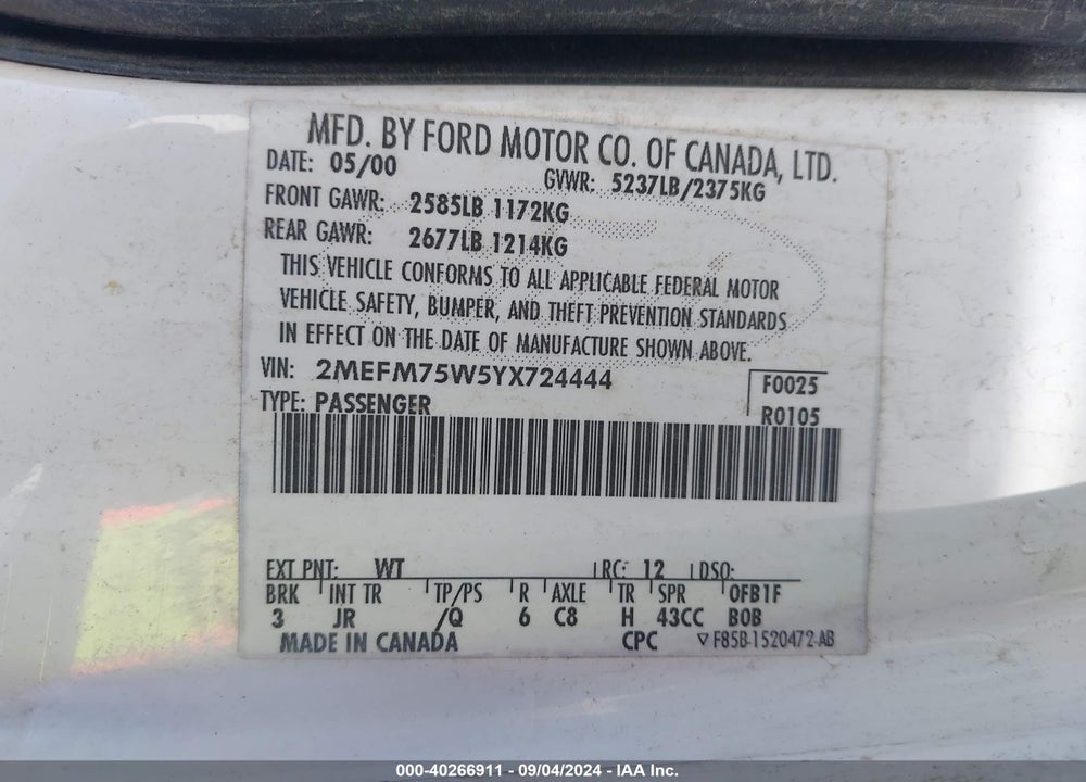 2000 MERCURY GRAND MARQUIS VIN: 2MEFM75W5YX724444