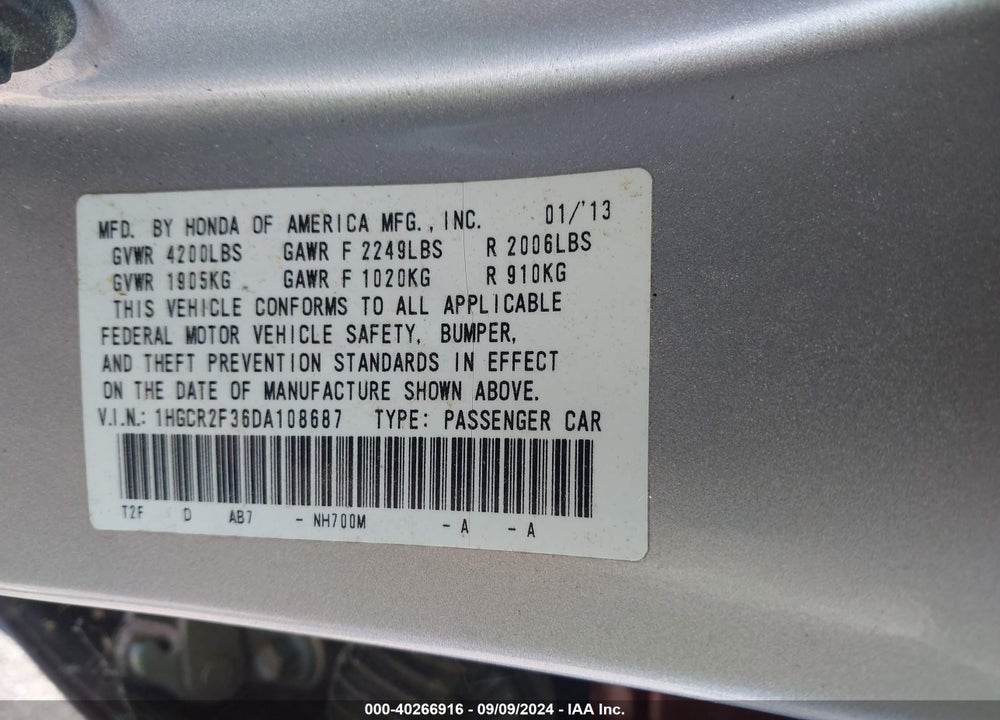 2013 HONDA ACCORD LX VIN: 1HGCR2F36DA108687