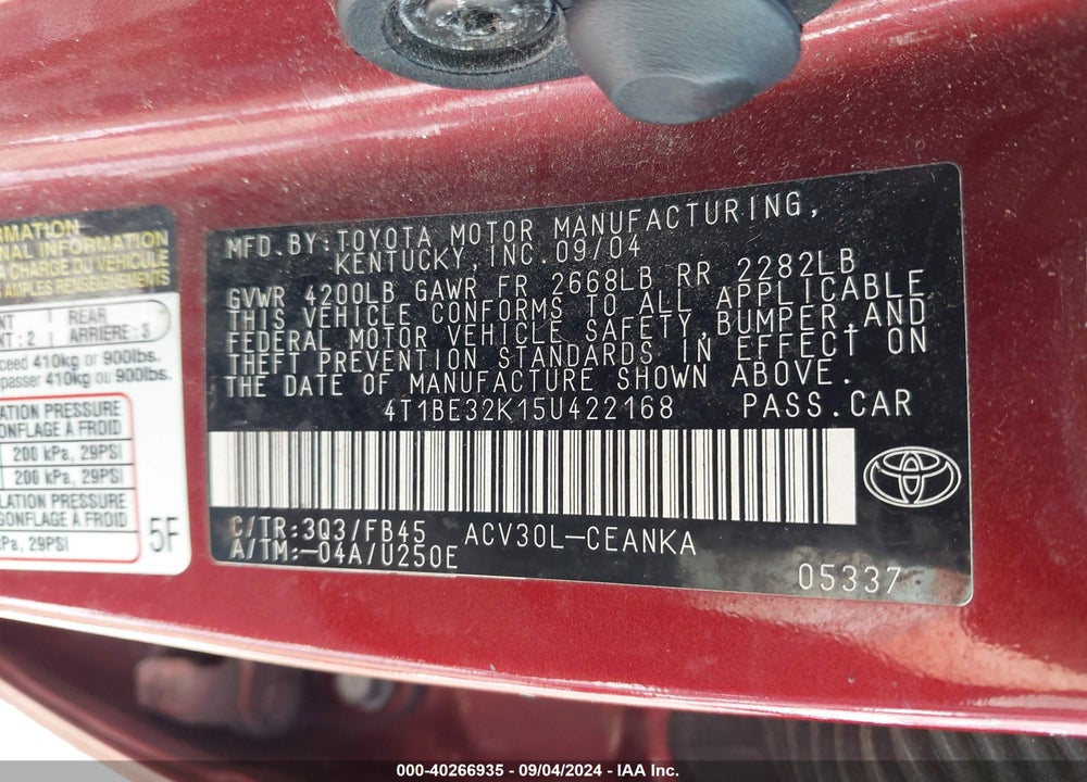 2005 TOYOTA CAMRY LE VIN: 4T1BE32K15U422168