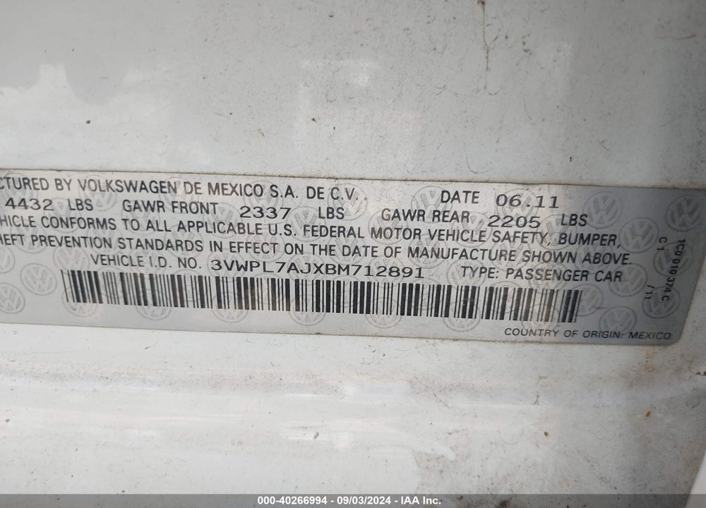 2011 VOLKSWAGEN JETTA SPORTWAGEN 2.0L TDI VIN: 3VWPL7AJXBM712891