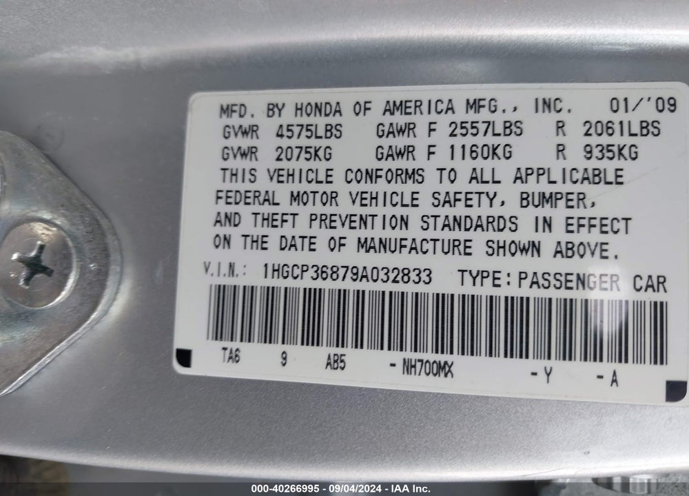 2009 HONDA ACCORD 3.5 EX-L VIN: 1HGCP36879A032833
