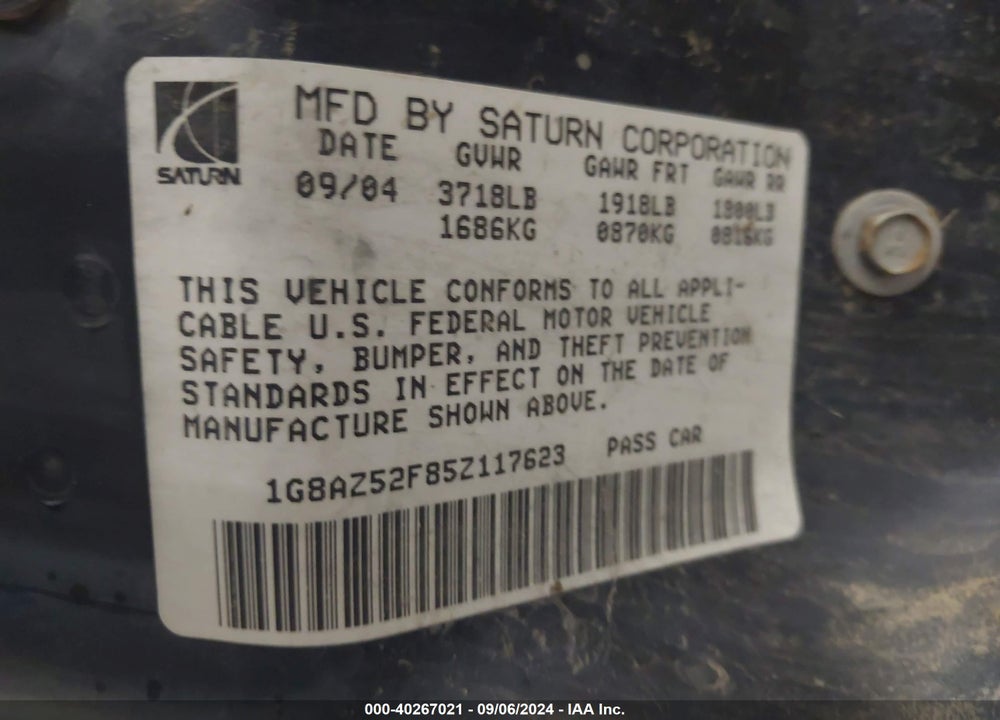 2005 SATURN ION 2 VIN: 1G8AZ52F85Z117623