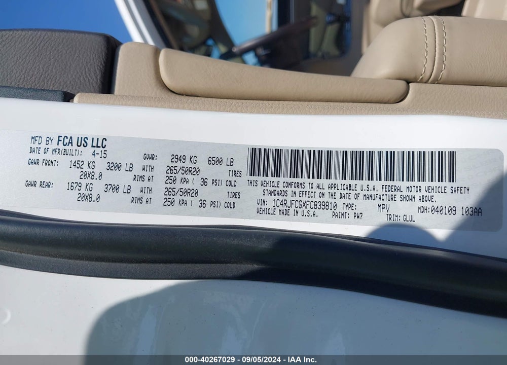 2015 JEEP GRAND CHEROKEE OVERLAND VIN: 1C4RJFCGXFC839810