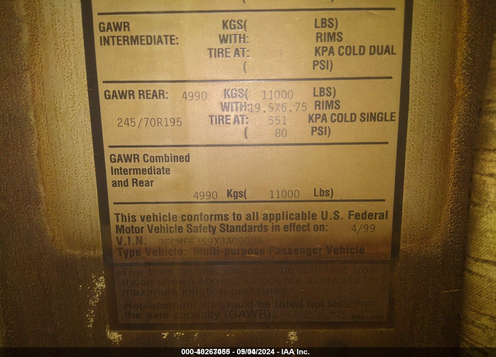 1999 FORD F550 SUPER DUTY STRIPPED CHASS VIN: 3FCMF53S9XJA09086