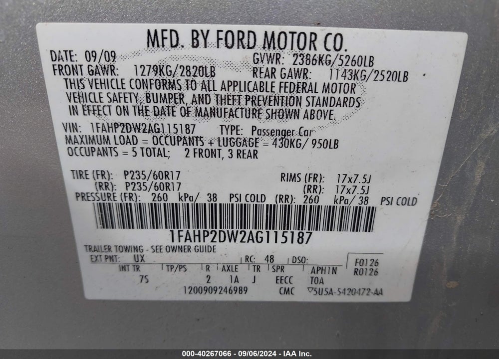 2010 FORD TAURUS SE VIN: 1FAHP2DW2AG115187