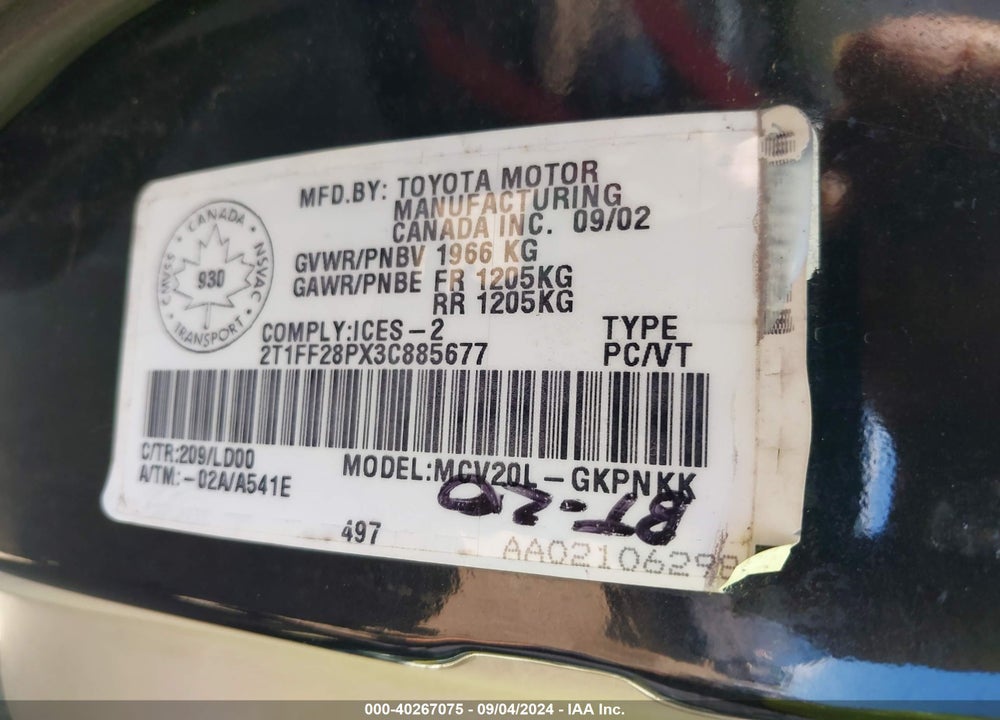 2003 TOYOTA CAMRY SOLARA VIN: 2T1FF28PX3C885677
