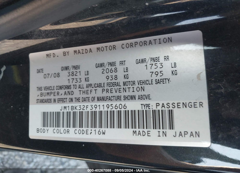 2009 MAZDA 3 I VIN: JM1BK32F391195606