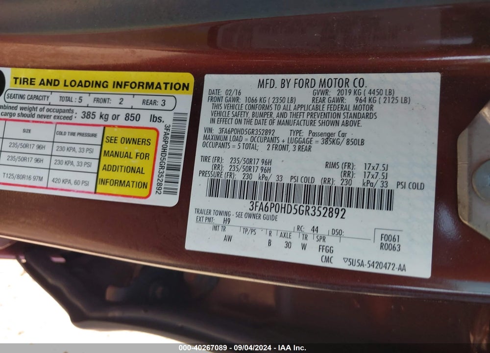 2016 FORD FUSION SE VIN: 3FA6P0HD5GR352892