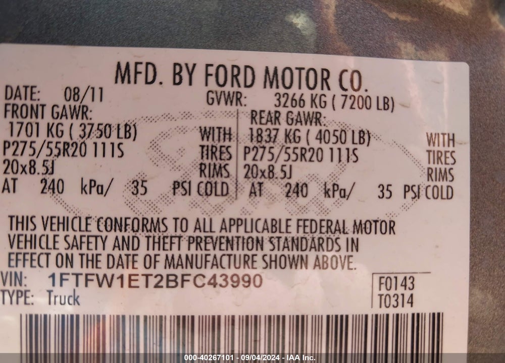 2011 FORD F-150 FX4 VIN: 1FTFW1ET2BFC43990