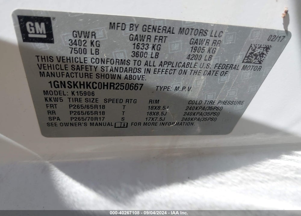 2017 CHEVROLET SUBURBAN LT VIN: 1GNSKHKC0HR250667