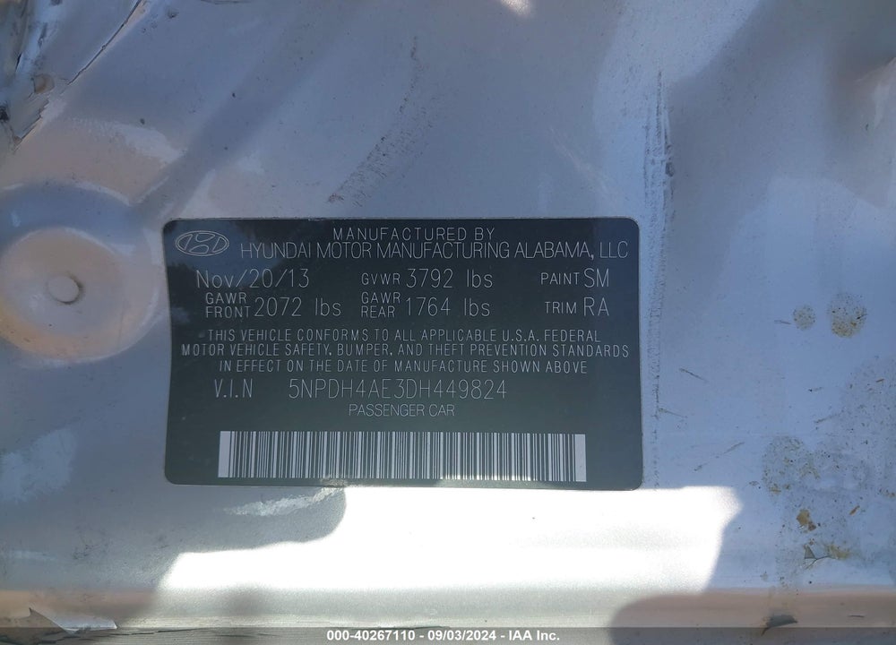 2013 HYUNDAI ELANTRA VIN: 5NPDH4AE3DH449824