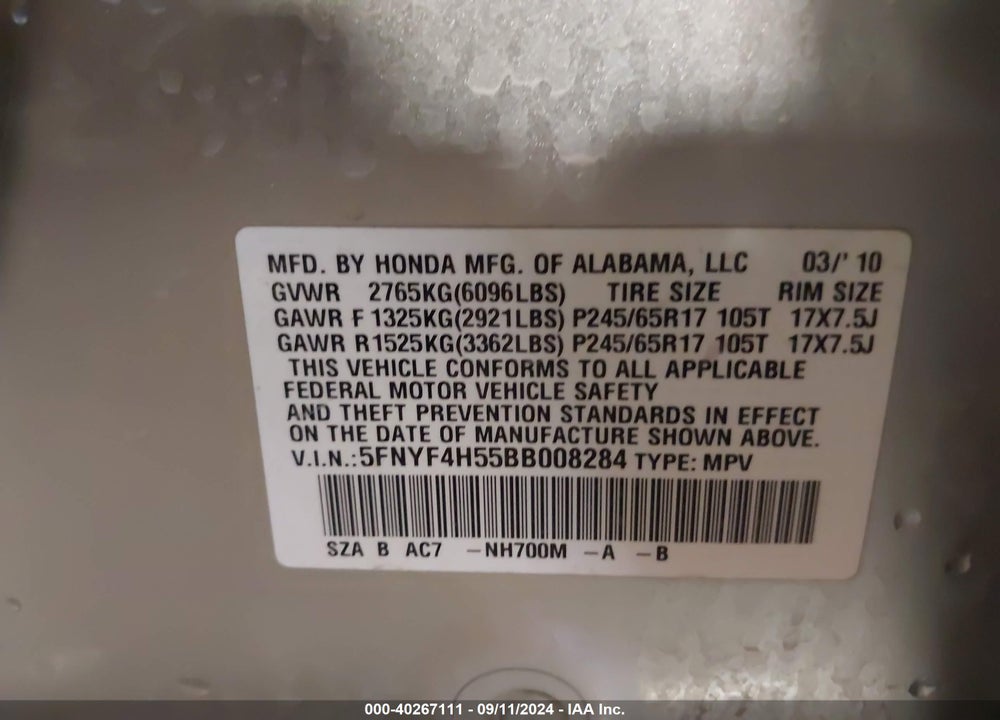2011 HONDA PILOT EX-L VIN: 5FNYF4H55BB008284