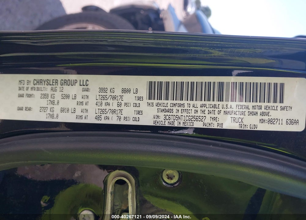 2012 RAM 2500 LAIE VIN: 3C6TD5NT1CG256527