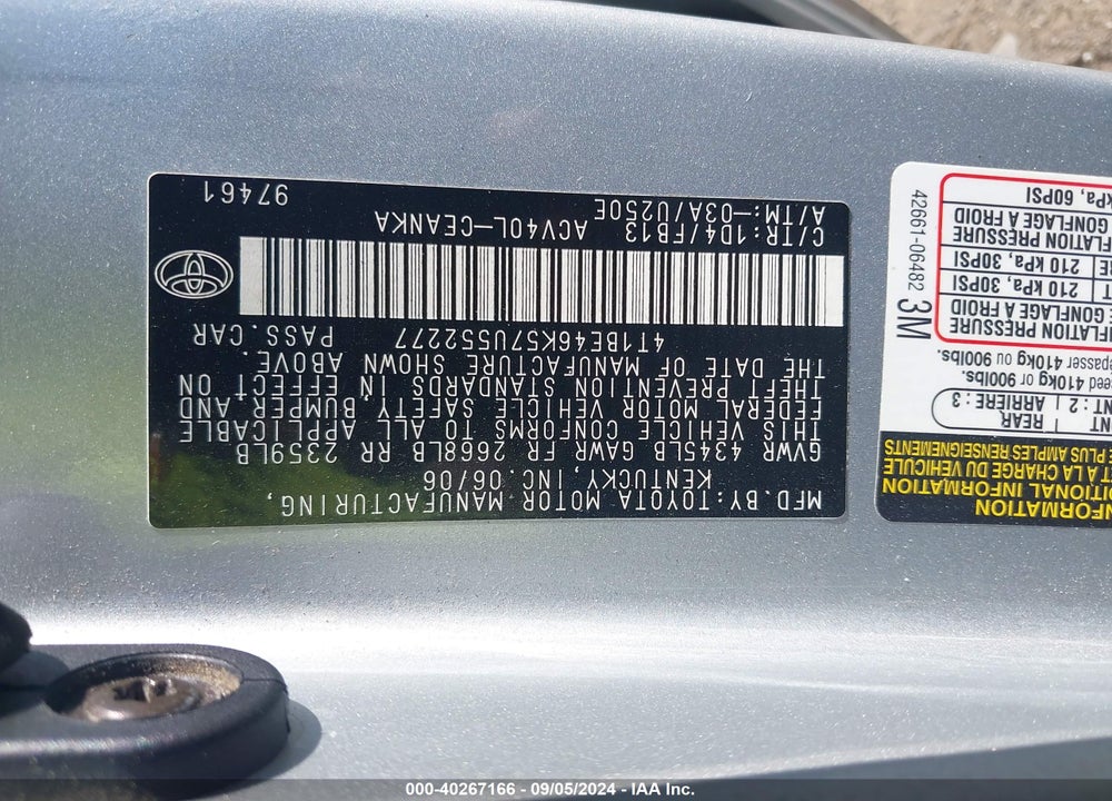 2007 TOYOTA CAMRY LE VIN: 4T1BE46K57U552277