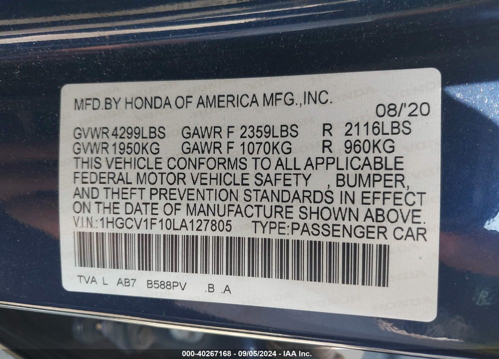 2020 HONDA ACCORD LX VIN: 1HGCV1F10LA127805