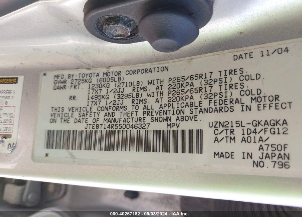 2005 TOYOTA 4RUNNER SR5 V8 VIN: JTEBT14R550046327