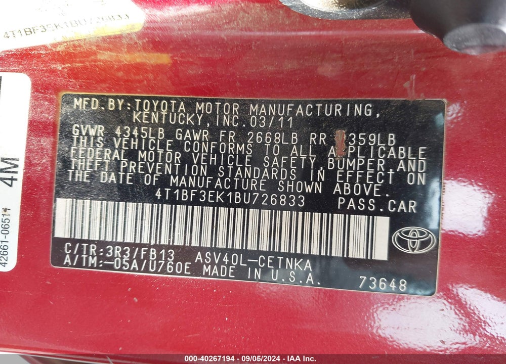 2011 TOYOTA CAMRY LE VIN: 4T1BF3EK1BU726833