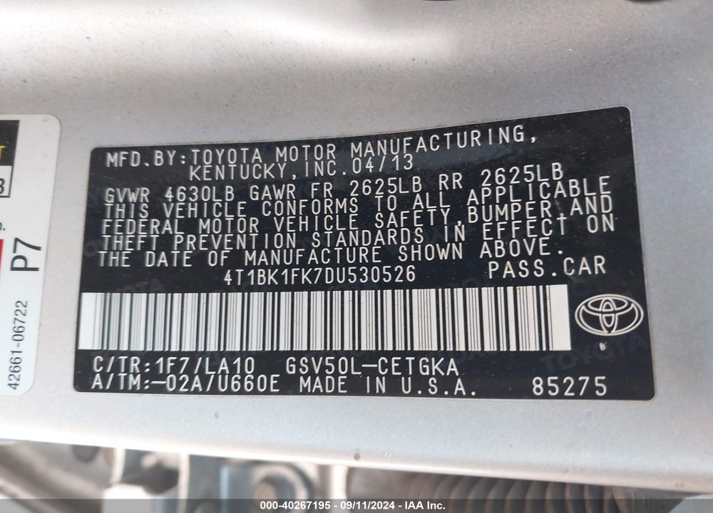 2013 TOYOTA CAMRY XLE V6 VIN: 4T1BK1FK7DU530526